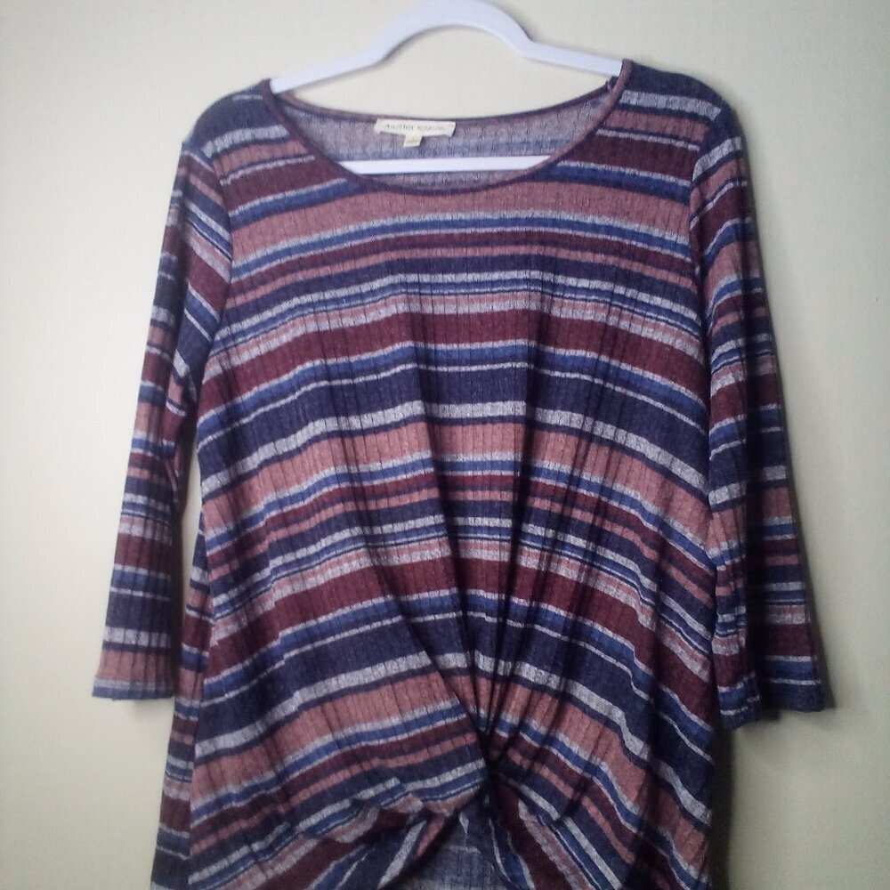 Another Reason Shirt Blouse L 3/4 Sleeve Tie Detail Ribbed Stripe Blue Red - Picture 12 of 14